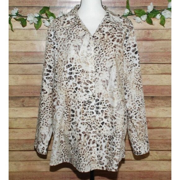 Chico's Size 3 XL 16 Non-Iron Button Front Blouse Top Cream Brown Animal Print - Picture 1 of 9